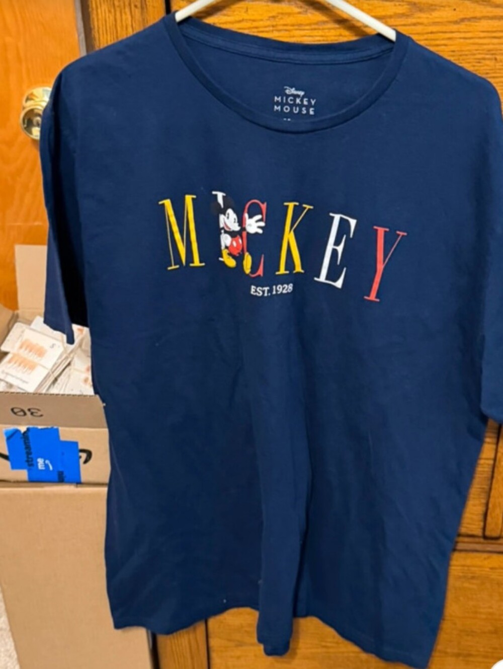 Disney Navy Mickey Mouse Lettered Tee with Multicolor Accents